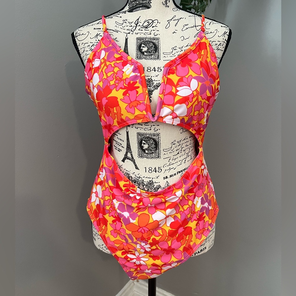 NWOT - Pink Lily One Piece Cut Out Vibrant Floral Swimsuit - Picture 2 of 7